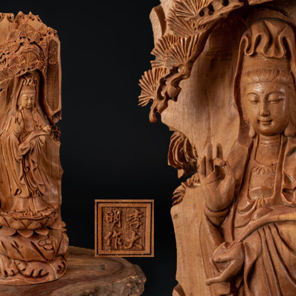 ●在銘　李大明　作　白檀　製　木彫　観音像　仏像　中国●
