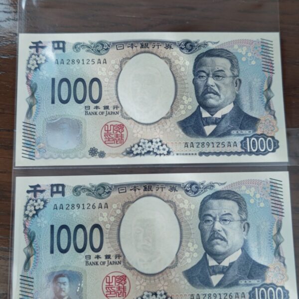 新紙幣 1000円札×２枚 AA-AA券 aa 新札 ピン札 新千円札 千円札 AA289125～6AA 北里柴三郎 日本紙幣 令和6年